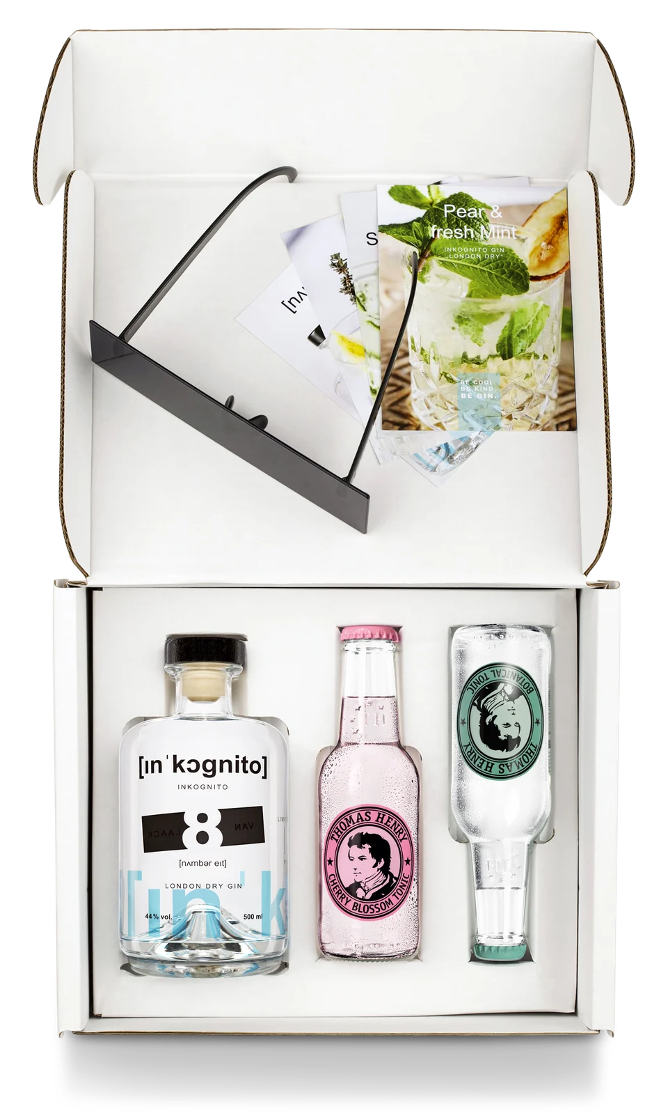 Set geöffnet: Brille, Rezeptkarten, Nr. 8 und zwei Tonics